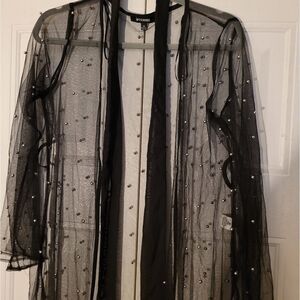 𝅺up and  DOWN Women's Black Tunic long sleeve see though Belted sheer top size m